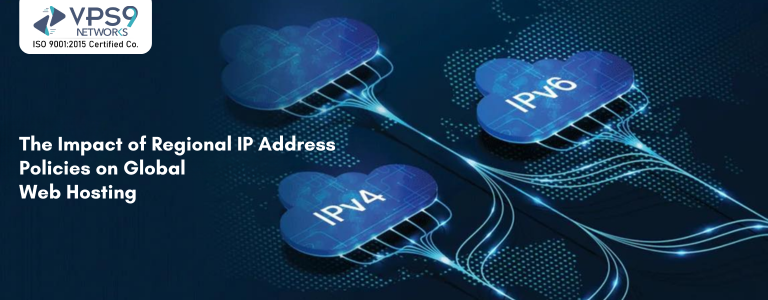 Digital cloud connections labeled IPv4 and IPv6 over a world map, symbolizing global IP distribution